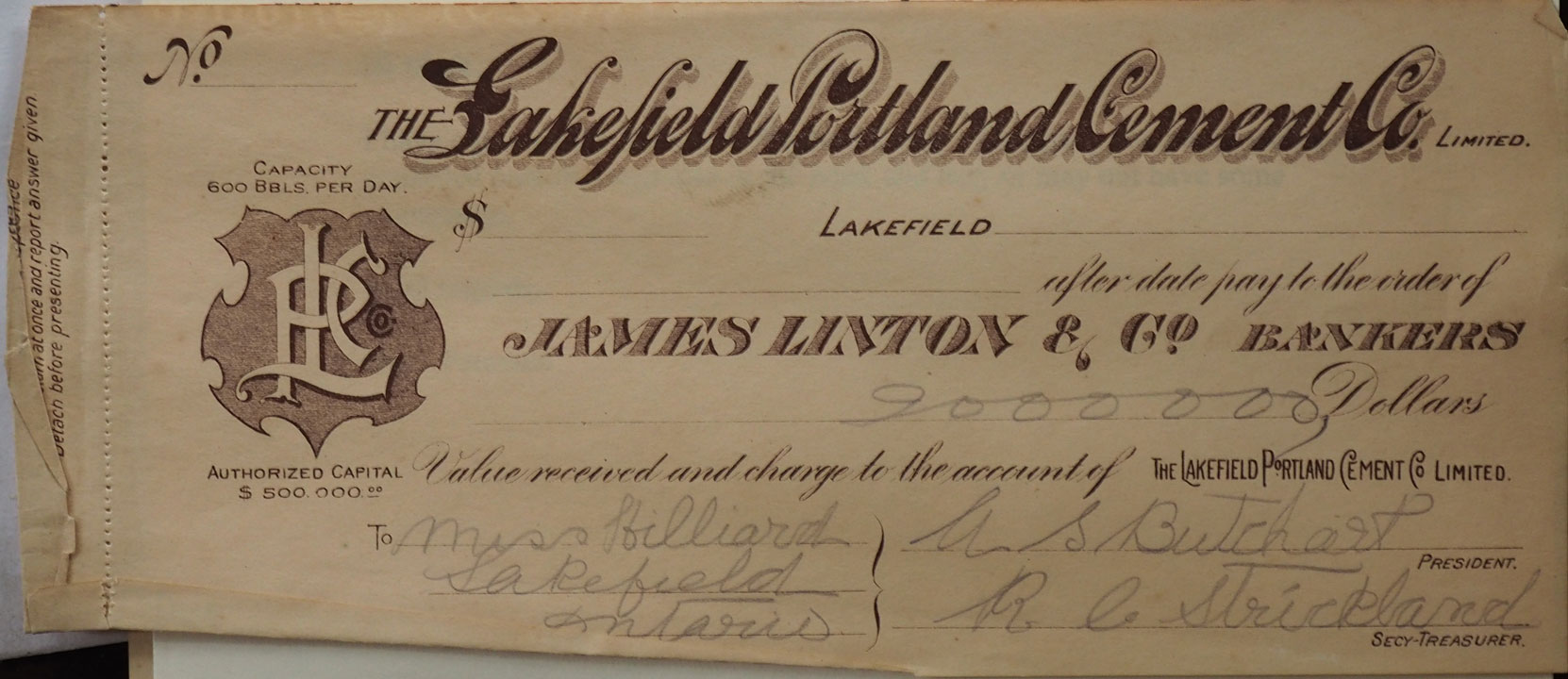 Lakefield Portland Cement Company cheque to "Miss Hilliard" of Lakefield, Ontario, circa 1900-1909 (Courtesy of Dave Paterson)