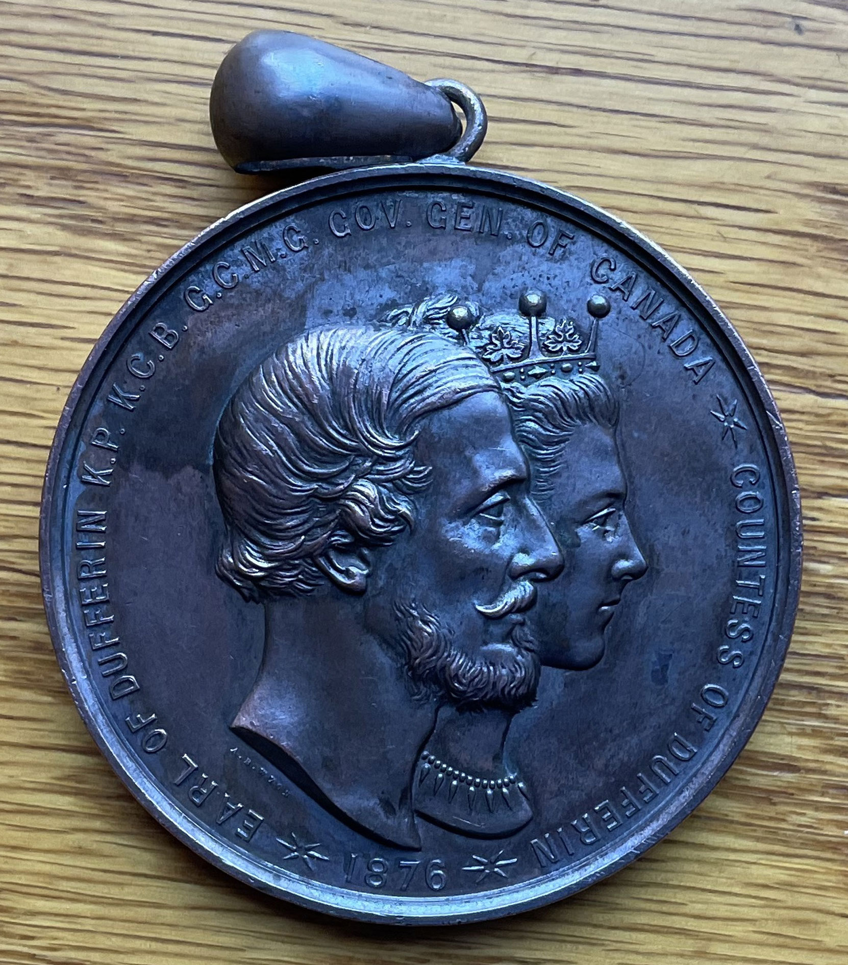 An example of the rear view of the medal presented by Lord and Lady Dufferin, possibly to the Brantford Young Ladies College student who achieved the highest academic score for the school year. This particular medal was presented to Miss Nora V. Wallace of Brantford, Ontario in 1878. (Courtesy of David Pease - private collection, used with permission)