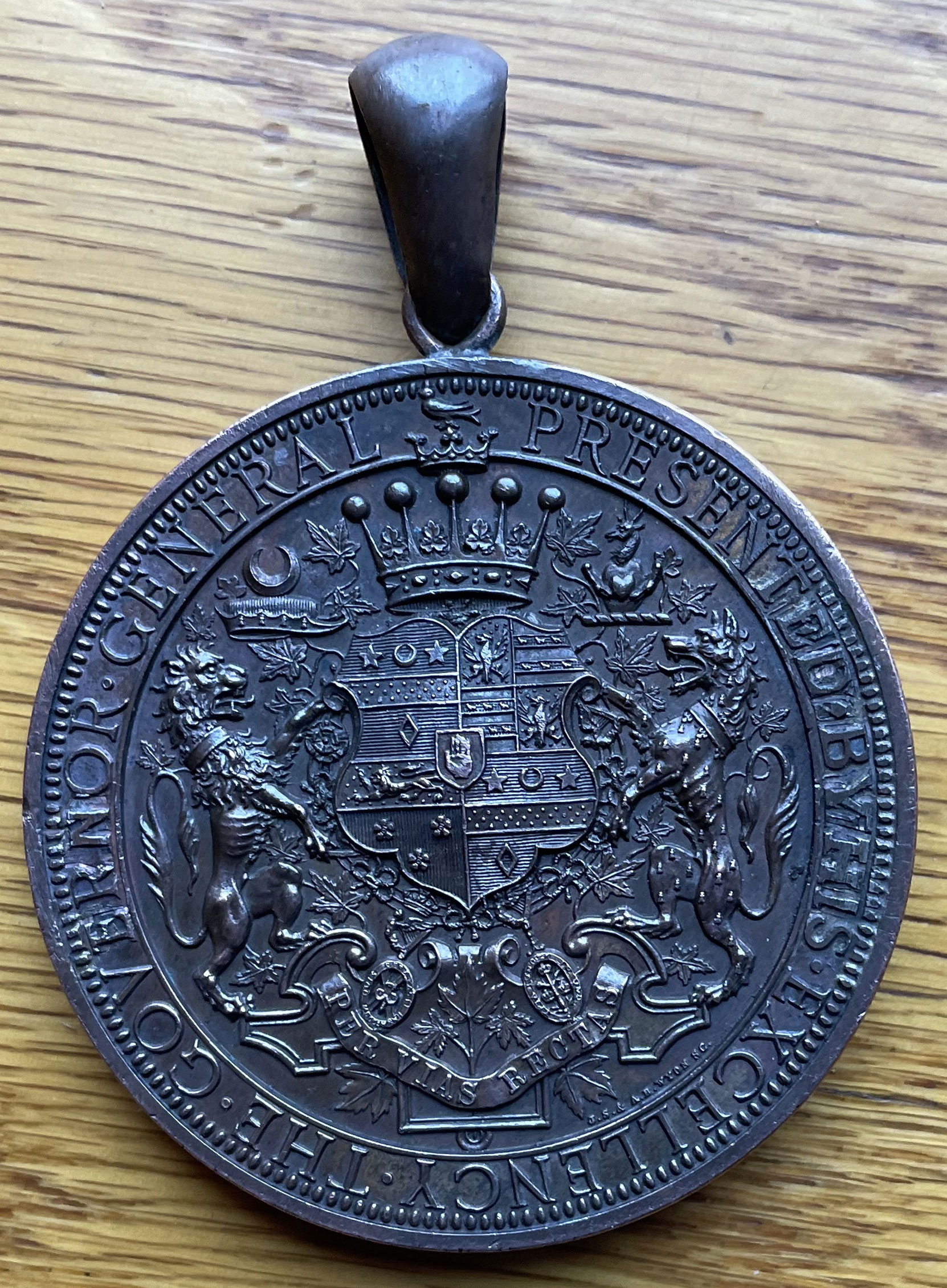 An example of the front view of the medal presented by Lord and Lady Dufferin, possibly to the Brantford Young Ladies College student who achieved the highest academic score for the school year. This particular medal was presented to Miss Nora V. Wallace of Brantford, Ontario in 1878. (Courtesy of David Pease - private collection, used with permission)