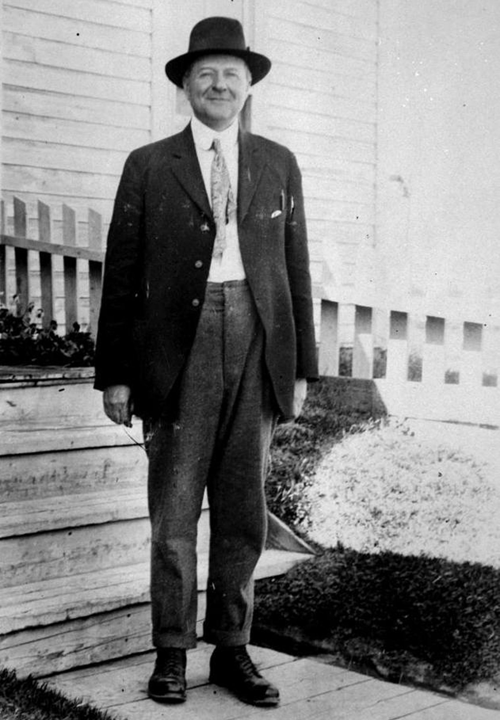 Stuart Alexander Henderson outside the courthouse in Hazelton in 1919 during the trial of Simon Gunanoot (BC Archives photo A-04797)